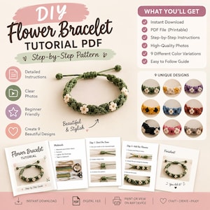 May include: A DIY flower bracelet tutorial PDF featuring step-by-step instructions for a braided green cord bracelet with small white flower accents. The document includes nine color variations, material lists, and visual guides for crafting.