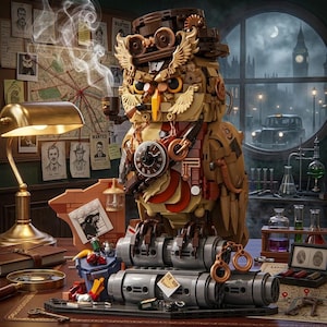 Könnte beinhalten: Eine aus Bausteinen gefertigte Eulenfigur im Steampunk-Stil mit Zylinder, Schutzbrille, einer Uhr auf der Brust und einer Pfeife. Die Eule steht auf metallischen zylindrischen Rohren, umgeben von Zubehör im Detektiv-Stil.