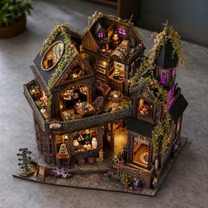 Op de afbeelding: Een miniatuurpoppenhuis met meerdere verdiepingen van donker hout, verlichte kamers en klimplanten aan de buitenkant. Het bouwwerk bevat een winkelpui met het bordje Watery Lane, een bibliotheek en een slaapkamer met paarse verlichting.