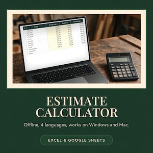 Puede incluir: Un ordenador portátil que muestra una hoja de cálculo de estimaciones con columnas de coste horario, porcentaje de carga y tasa cargada, junto a una calculadora negra. Texto: ESTIMATE CALCULATOR, Offline, 4 languages, works on Windows and Mac, EXCEL & GOOGLE SHEETS.