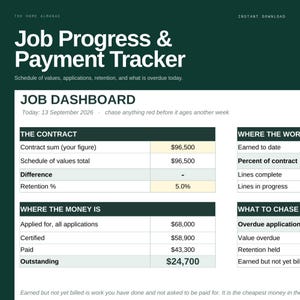 May include: A digital Job Progress & Payment Tracker template with a dark green header. The dashboard displays financial data including contract sum, retention percentage, applied for amounts, and outstanding balances in a structured table format.