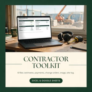 May include: A laptop displaying a Job Dashboard spreadsheet, black headphones, and a yellow measuring tape. The text reads Contractor Toolkit, 6 files: estimates, payments, change orders, snags, site log, and Excel & Google Sheets.
