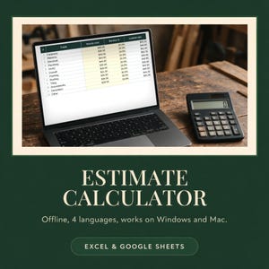 Peut inclure: Un ordinateur portable affichant une feuille de calcul d'estimation avec des colonnes pour le coût horaire, le taux de charge et le taux chargé, avec une calculatrice noire. Texte : ESTIMATE CALCULATOR, Offline, 4 languages, works on Windows and Mac, EXCEL & GOOGLE SHEETS.