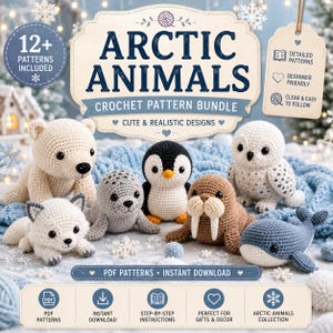 Arktiska djur Amigurumi Virkmönster Bundle | 12+ Isbjörn, Pingvin, Säl (PDF-nedladdning)
