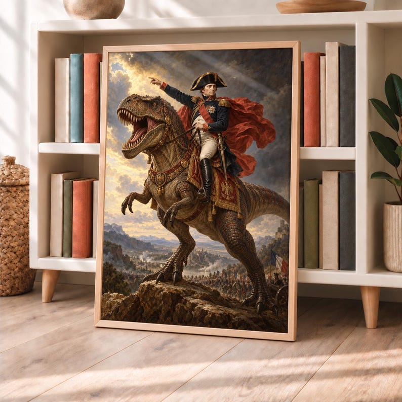 Napoleon Riding a Dinosaur Poster – Historical Art Meets Prehistoric ...