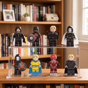 May include: Eight plastic minifigures arranged on a two-tiered clear acrylic display stand. The figures feature various costumes, including black, red, yellow, and white outfits, with accessories like shields, capes, and weapons, standing on a wooden surface.