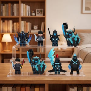 May include: A collection of eight miniature plastic figures displayed on a clear acrylic tiered stand. The figures feature black armor with glowing blue accents, various swords, shields, and axes, including one figure resembling a black bear with blue flames.