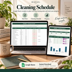 Op de afbeelding: Een digitaal schoonmaakschema Google Sheets-sjabloon weergegeven op een laptop- en tabletscherm. De interface toont takenlijsten, voortgangsregistratie en frequentiegrafieken. Een mok, een notitieboek en een pen liggen op het bureau.
