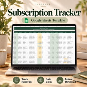 May include: A digital subscription tracker Google Sheets template displayed on a laptop screen. The spreadsheet features columns for subscription ID, category, start date, billing cycle, next renewal, cost per cycle, monthly cost, and payment method.
