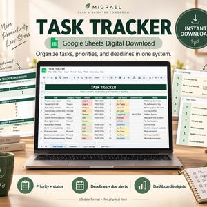 Może przedstawiać: Cyfrowy planer zadań dla Google Sheets wyświetlony na ekranie laptopa. Interfejs zawiera kolumny dla zadań, kategorii, priorytetów i terminów. Zawiera przegląd pulpitu nawigacyjnego, ustawienia list oraz przewodnik startowy.