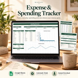 Op de afbeelding: Een digitaal Expense & Spending Tracker spreadsheet op een laptopscherm, met een Spending Overview dashboard inclusief grafieken, tabellen en financiële gegevens voor 2026. Bevat voorbeelden van gedrukte documenten en Google Sheets iconen.