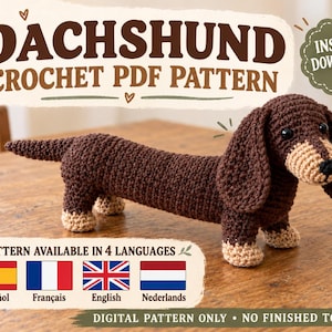 Dachshund Amigurumi Pattern PDF, Crochet Dog Pattern in English French German Spanish, Step-by-Step Tutorial