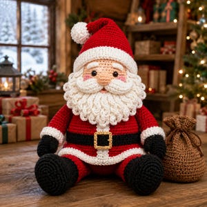 May include: A crocheted Santa Claus doll featuring a red hat with a white pom-pom, a white beard, a red coat with a black belt and gold buckle, and black boots. A small brown crocheted sack sits to the right of the doll on a wooden surface.