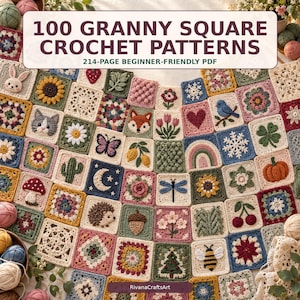 Könnte beinhalten: Eine Sammlung von 100 Granny-Square-Häkelmustern, präsentiert als 214-seitiges PDF. Das Bild zeigt eine Vielzahl bunter, strukturierter Quadrate mit Motiven wie Tieren, Blumen, Früchten und saisonalen Symbolen, die in einem Raster angeordnet sind.