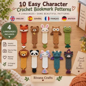 Puede incluir: Una guía de patrones titulada 10 Easy Character Crochet Bookmark Patterns con diez marcapáginas de ganchillo con formas de animales como zorro, oso, conejo, búho, rana, león, panda, unicornio, dragón y gato, incluyendo 4 idiomas.