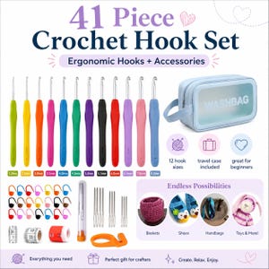 May include: A 41-piece crochet hook set featuring 12 ergonomic hooks in various colors and sizes, a light blue travel case, stitch markers, sewing needles, a measuring tape, and a row counter. The set includes accessories for crafting.