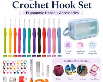 May include: A 41-piece crochet hook set featuring 12 ergonomic hooks in various colors and sizes, a light blue travel case, stitch markers, sewing needles, a measuring tape, and a row counter. The set includes accessories for crafting.
