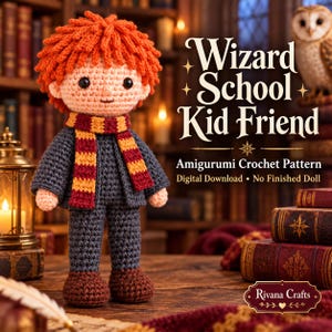 Może przedstawiać: Szydełkowa lalka amigurumi z jasnopomarańczowymi włosami, ubrana w ciemnoszarą kurtkę, ciemnoszare spodnie, brązowe buty i szalik w bordowo-złote paski. Tekst głosi Wizard School Kid Friend, Amigurumi Crochet Pattern, Digital Download, No Finished Doll, Rivana Crafts.
