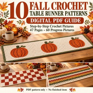 10 modelos de caminho de mesa de crochê para o outono, aplique de abóbora, decoração outonal (PDF digital)