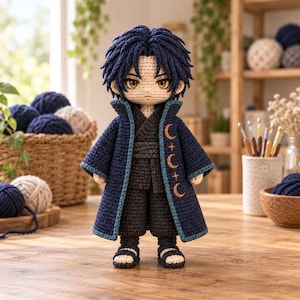 Può includere: Una bambola all'uncinetto fatta a mano con capelli blu scuro, occhi color ambra e un cappotto blu scuro con bordi azzurri. Il cappotto presenta tre simboli ricamati di lune e stelle. La bambola indossa un completo grigio scuro e sandali.