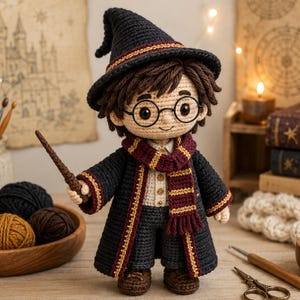 May include: A crocheted doll of a young wizard with brown hair, round black glasses, and a pointed hat. The doll wears a dark robe with gold trim, a maroon and gold striped scarf, a white collared shirt, and holds a small brown wand.