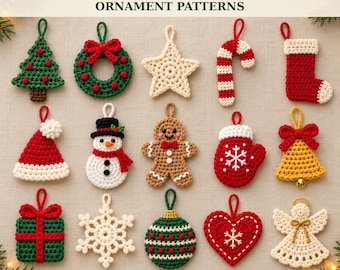 May include: A collection of 15 Christmas crochet ornament patterns by Rivana Crafts, featuring handmade designs including a tree, wreath, star, candy cane, stocking, hat, snowman, gingerbread man, mitten, bell, gift, snowflake, ball, heart, and angel.
