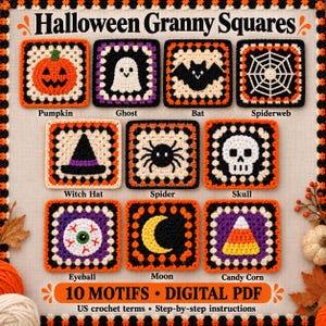 Mönster för virkning av Halloween-rutor till mormor | 10 kusliga motiv (digital PDF)