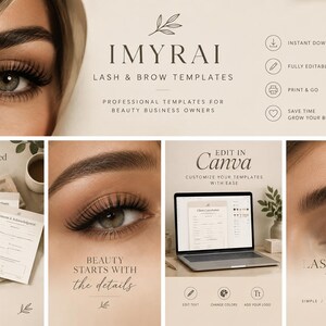 May include: A digital bundle of lash and brow templates featuring the brand name IMYRAI, editable in Canva. The set includes client consultation forms, aftercare instructions, and consent forms, displayed alongside imagery of eyes and a laptop screen.