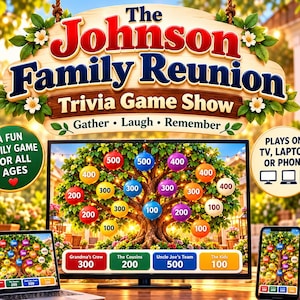 May include: The Johnson Family Reunion Trivia Game Show digital game displayed on a television, laptop, and smartphone. The screen features a tree with colorful numbered ornaments and a scoreboard for Grandma's Crew, The Cousins, Uncle Joe's Team, and The Kids.
