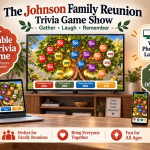 Może przedstawiać: Cyfrowa gra The Johnson Family Reunion Trivia Game Show wyświetlana na telewizorze, laptopie i smartfonie. Ekran przedstawia drzewo z kolorowymi numerowanymi kołami i polami wyników. Tekst zawiera Gather, Laugh, Remember, Works on Phone, Tablet, Laptop & TV oraz Online + Offline Access.