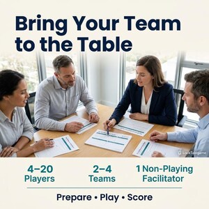 May include: A group of four people sitting around a wooden table with printed game sheets. The text reads: Bring Your Team to the Table, 4-20 Players, 2-4 Teams, 1 Non-Playing Facilitator, and Prepare Play Score. The LockTalegame logo is visible.