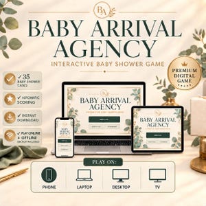 以下が含まれることがあります： スマートフォン、ノートパソコン、タブレットに表示された「Baby Arrival Agency」というタイトルのデジタルベビーシャワーゲーム。インターフェースはクリーム色の背景にダークグリーンの文字とユーカリのアクセントが特徴です。アイコンは電話、ノートパソコン、デスクトップ、テレビとの互換性を示しています。