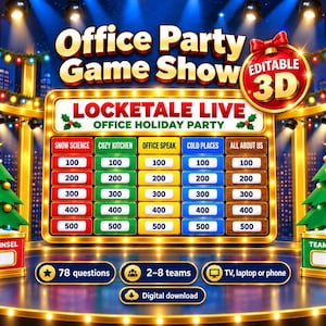 May include: A digital game show board titled Office Party Game Show and LOCKETALE LIVE OFFICE HOLIDAY PARTY with five columns of point values from 100 to 500. Includes two Christmas tree scoreboards for Team Tinsel and Team Frost.