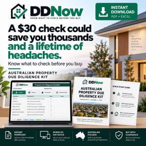May include: A digital Australian property due diligence kit featuring a laptop displaying a checklist, a printed guide, and a quick start guide. The text includes DDNow, Australian Property Due Diligence Kit, and instructions for instant download in PDF and Excel formats.