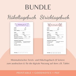 Könnte beinhalten: Ein digitales Set mit zwei ausdruckbaren Projektplanern, betitelt als Häkeltagebuch und Stricktagebuch. Jede Seite enthält Felder für Projektdetails, Garninformationen, Maschenprobe und Notizen sowie einen Bewertungsbereich am unteren Rand.