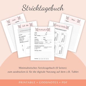 Könnte beinhalten: Ein Set aus acht druckbaren Stricktagebuch-Seiten mit weißem Hintergrund, zartrosa Akzenten und Illustrationen von Wollknäueln mit Nadeln. Die Seiten enthalten Abschnitte für Projektdetails, Garninventar, Notizen und Maschenproben-Angaben.