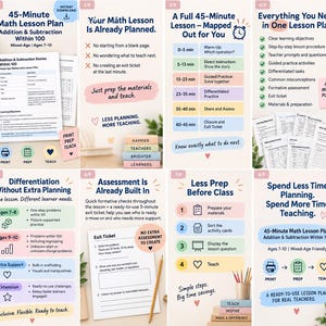 May include: A digital 45-minute maths lesson plan for ages 7-10, featuring addition and subtraction within 100. The set includes printable worksheets, lesson procedures, differentiation tasks, formative assessments, and exit tickets for teachers.