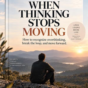 Może przedstawiać: Książka zatytułowana When Thinking Stops Moving, z podtytułem How to recognize overthinking, break the loop, and move forward. Okładka przedstawia osobę siedzącą na skale z widokiem na górski krajobraz podczas zachodu słońca.