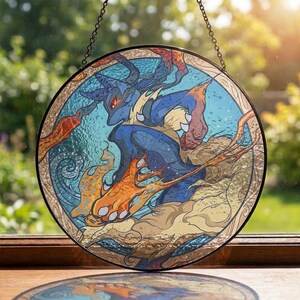 Atrapasueños de vidrieras de Lucario Blaze Punch para colgar en la ventana, decoración de arte anime de tipo lucha/acero (regalo para gamers)