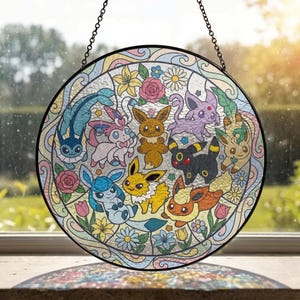 Eeveelution Gathering Stained Glass Suncatcher Window Hanging, Complete Evolution Family Anime Art Decor (Gamer Gift)