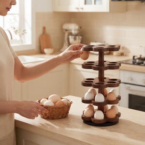 May include: A tiered, dark brown wooden egg holder with multiple circular slots for storing eggs, featuring a central vertical support post and a round base, accompanied by a small woven wicker basket filled with several white and brown eggs.