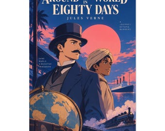 Around the World in Eighty Days Retro Poster, Jules Verne Wall Art, Japanese City Pop Aesthetic Print, Travel Book Decor, Reader Gift