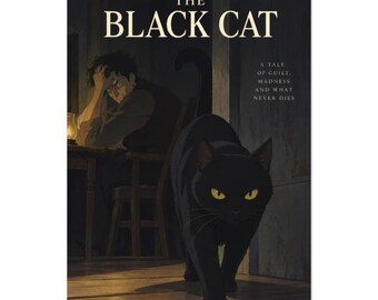 The Black Cat Poster, Edgar Allan Poe Wall Art, Storybook Anime Style Print, Gothic Literature Decor, Black Cat Gift for Book Lovers
