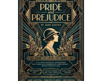 Pride and Prejudice Art Deco Poster, Jane Austen Print, Vintage Literary Decor, Classic Romance Book Art, Bookish Gift