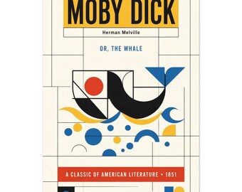 Moby Dick Bauhaus Poster, Herman Melville Art Print, Minimalist Whale Decor, Mid Century Book Art, Classic Literature Gift