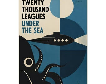 Twenty Thousand Leagues Under the Sea Bauhaus Poster, Jules Verne Art Print, Retro Sci-Fi Nautical Wall Decor, Mid Century Book Lover Gift