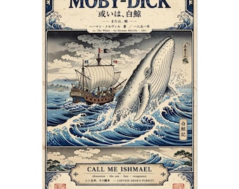 Moby Dick Ukiyo-e Poster, Herman Melville Art Print, Japanese Woodblock Style Whale Art, Nautical Wall Decor, Literary Sea Lover Gift