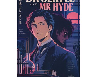 Dr Jekyll and Mr Hyde Retro Poster, Robert Louis Stevenson Wall Art, Japanese City Pop Aesthetic Print, Gothic Bookish Decor, Reader Gift