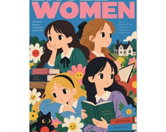 Little Women Pop Art Poster, Louisa May Alcott Wall Art, Colorful Japanese Pop Print, March Sisters Decor, Christmas Book Gift