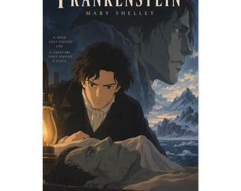 Frankenstein Poster, Mary Shelley Wall Art, Storybook Anime Style Print, Gothic Literature Decor, Classic Book Lover Gift